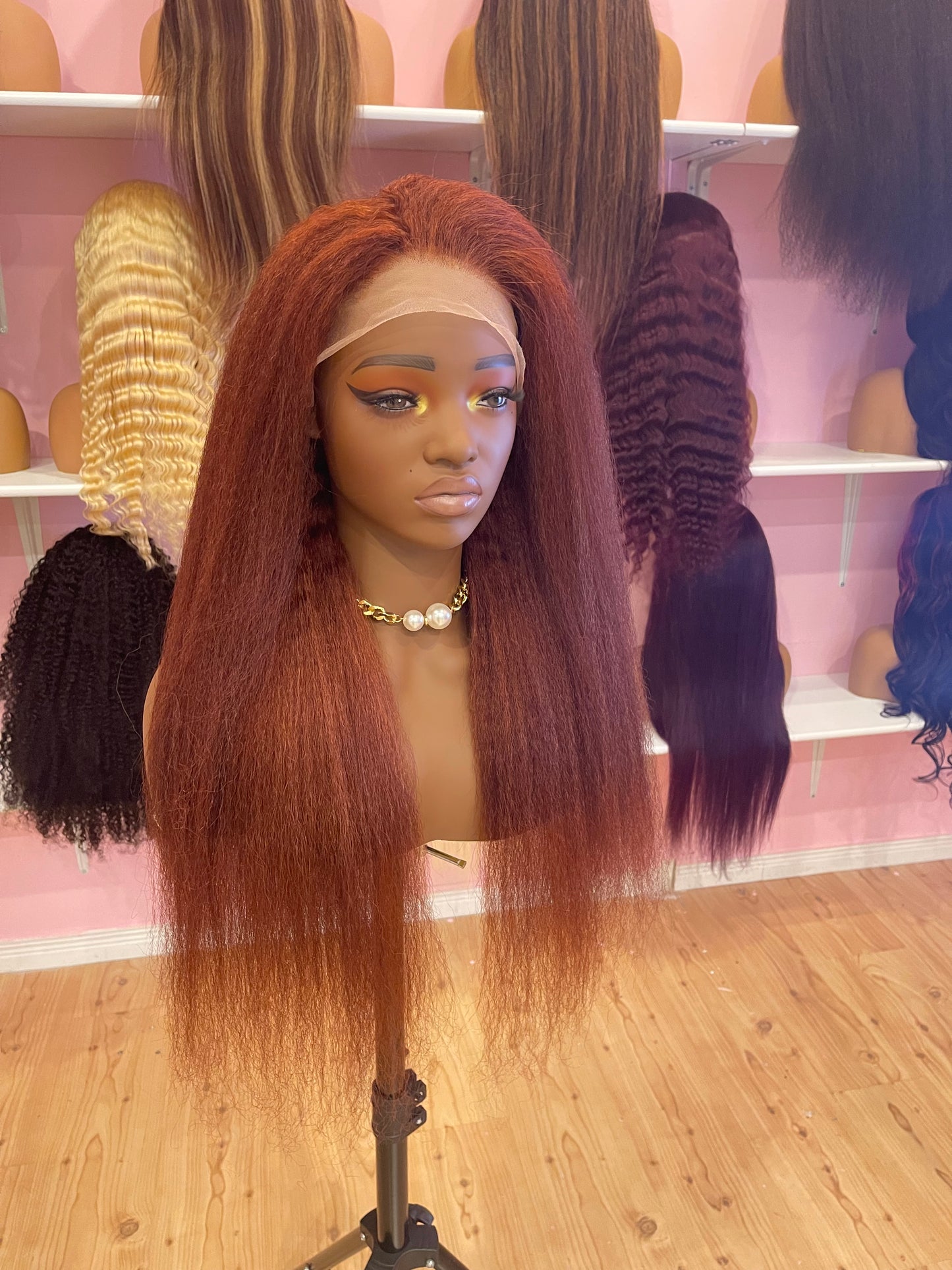 24inch reddish brown kinky straight frontal lace wig