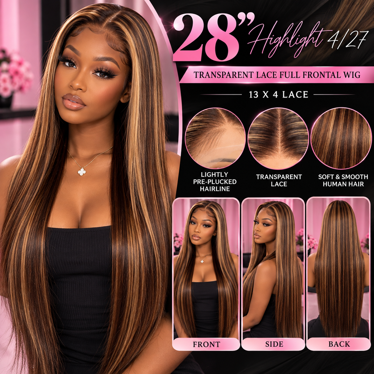 Toronto Diva Human Hair Highlight 4/27 Straight Transparent Lace 13x4 Full Frontal Wig