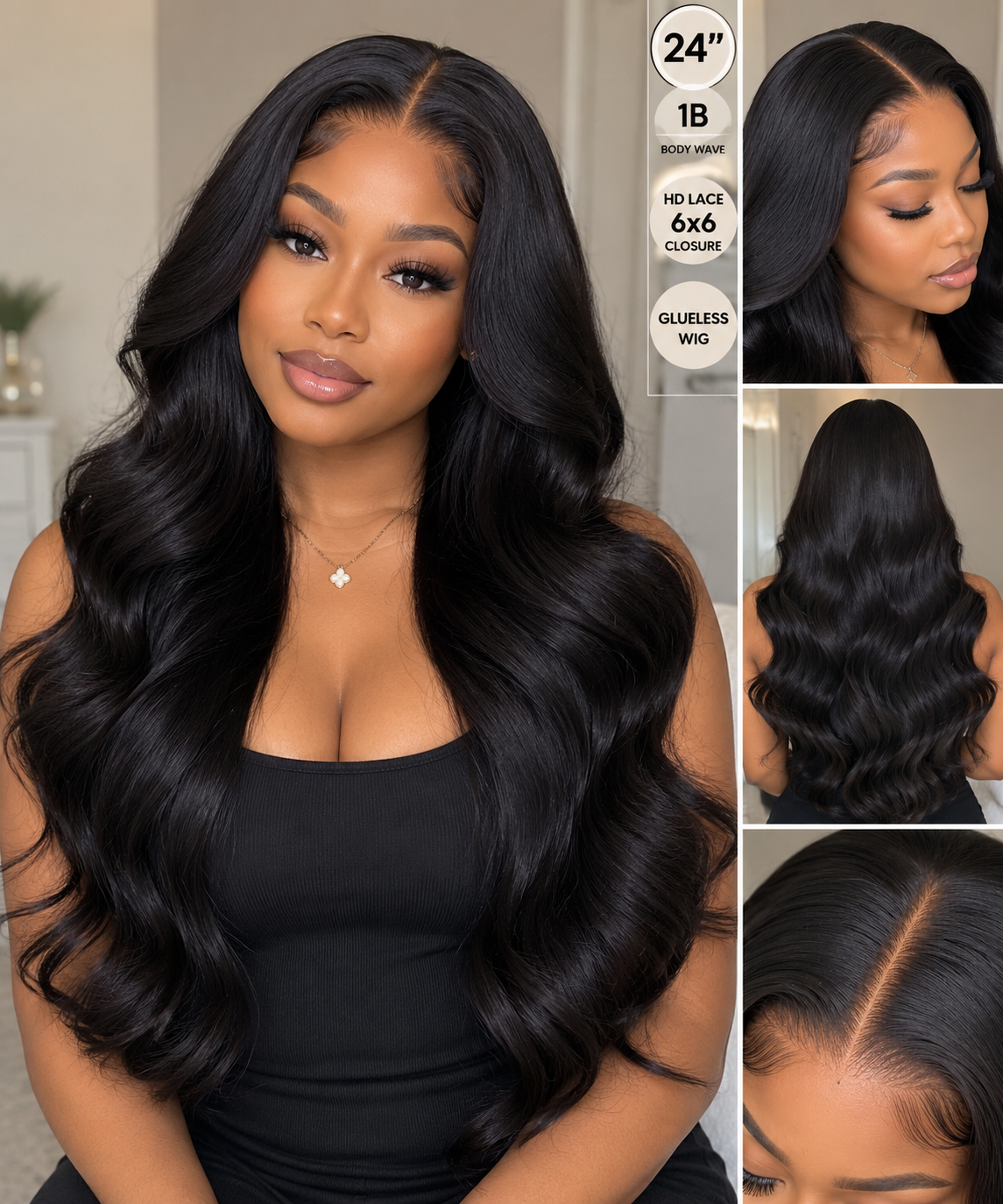 Toronto Diva Human Hair Body Wave HD Lace 6x6 Closure Glueless Wig – Natural Black 1B