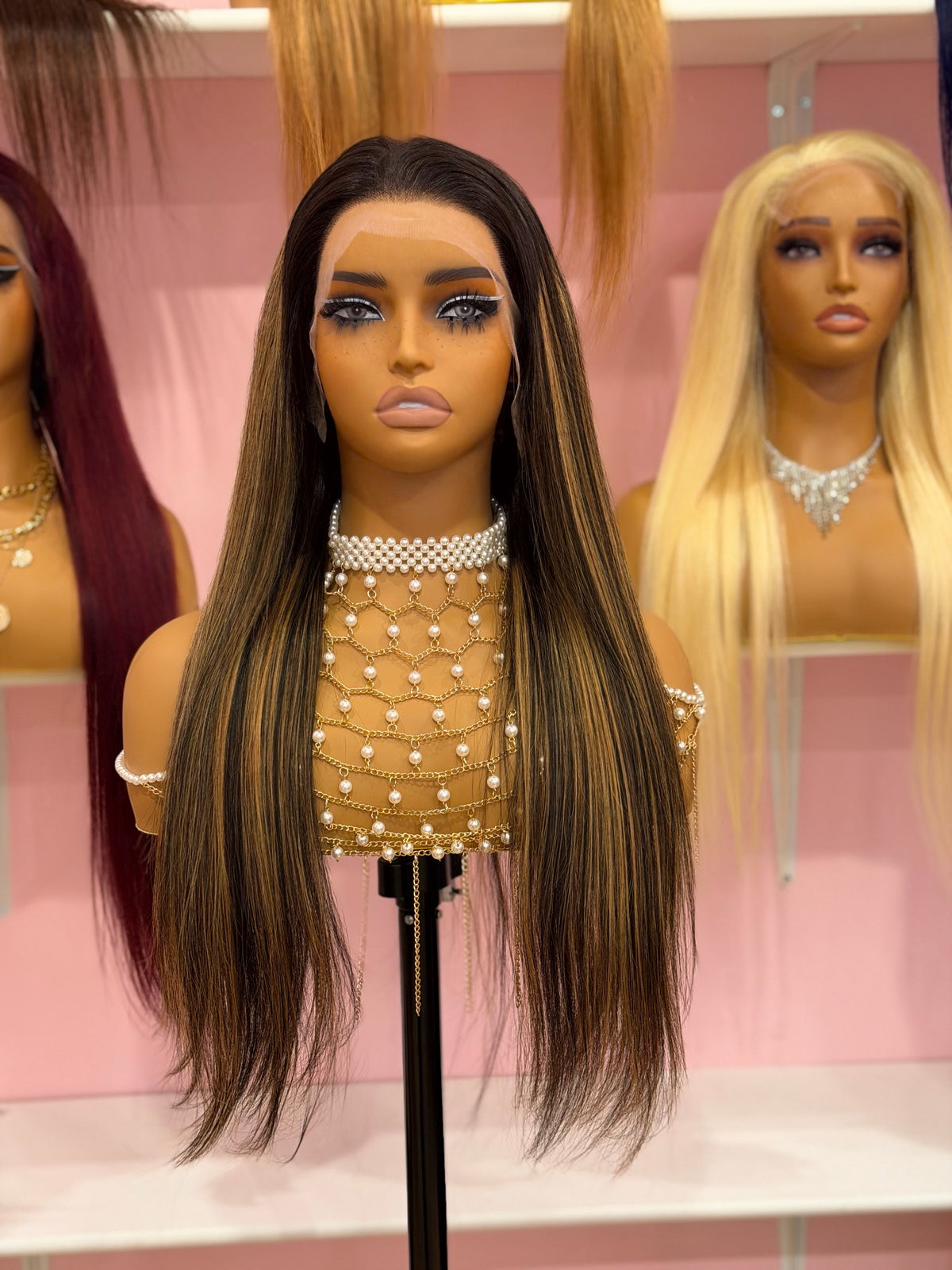 24” Highlight 1P27 Human Hair Transparent Lace Full 13x4 Frontal Wig | 200% Density – Diva Human Hair Toronto
