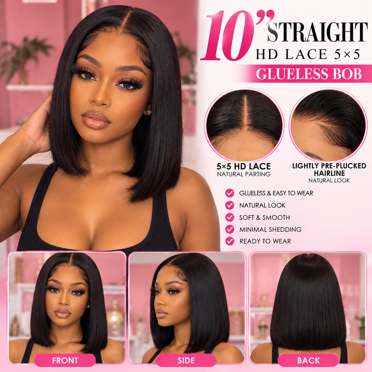 Toronto Diva Human Hair 10” Straight HD Lace 5x5 Glueless Bob Wig – Natural Black