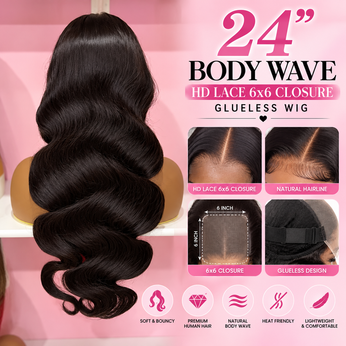 Toronto Diva Human Hair Body Wave HD Lace 6x6 Closure Glueless Wig – Natural Black 1B