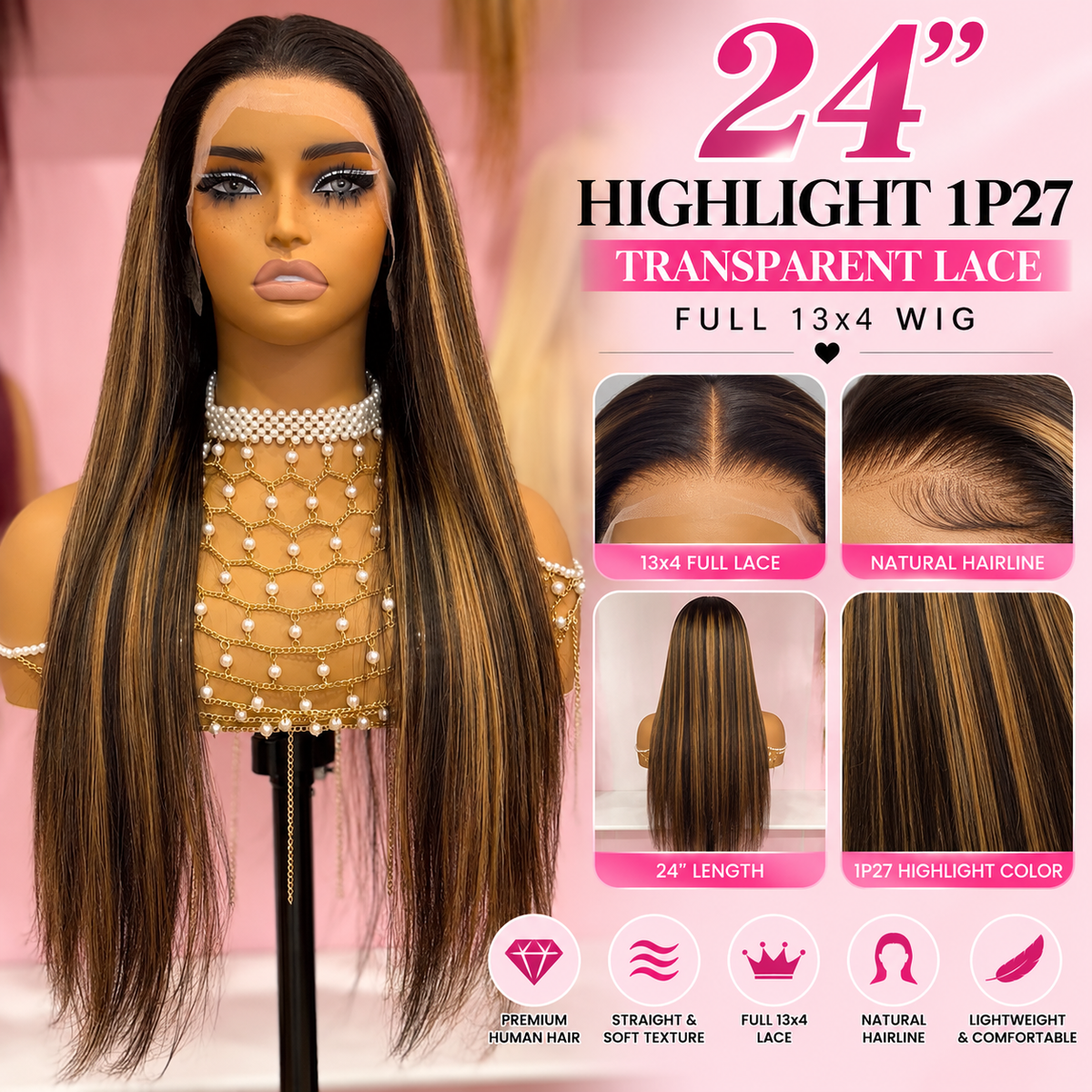 24” Highlight 1P27 Human Hair Transparent Lace Full 13x4 Frontal Wig | 200% Density – Diva Human Hair Toronto