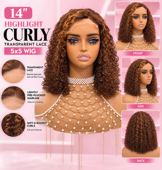 Toronto Diva Human Hair 14” Highlight Curly Transparent Lace 5x5 Closure Glueless Wig