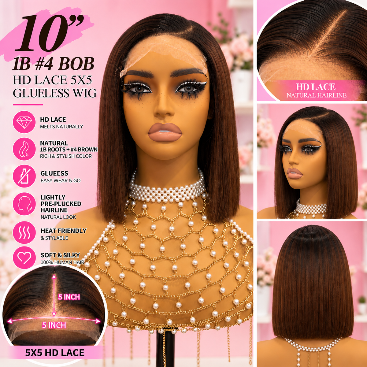 Toronto Diva Human Hair 10” 1B/#4 Brown Straight Bob HD 5x5 Glueless Human Hair Wig