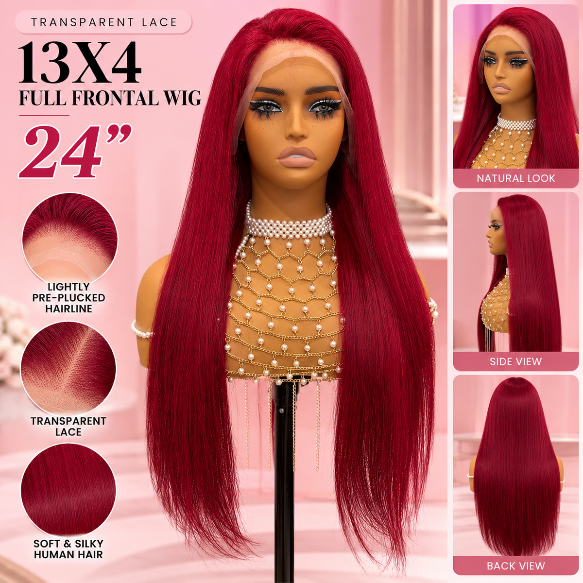 Toronto Diva Human Hair 24” Red Straight Transparent Lace 13x4 Full Frontal Human Hair Wig