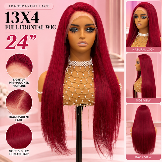 Toronto Diva Human Hair 24” Red Straight Transparent Lace 13x4 Full Frontal Human Hair Wig