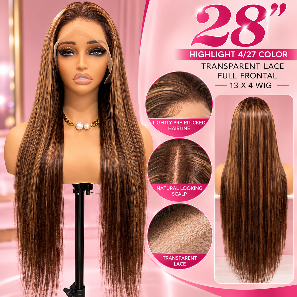 Toronto Diva Human Hair Highlight 4/27 Straight Transparent Lace 13x4 Full Frontal Wig