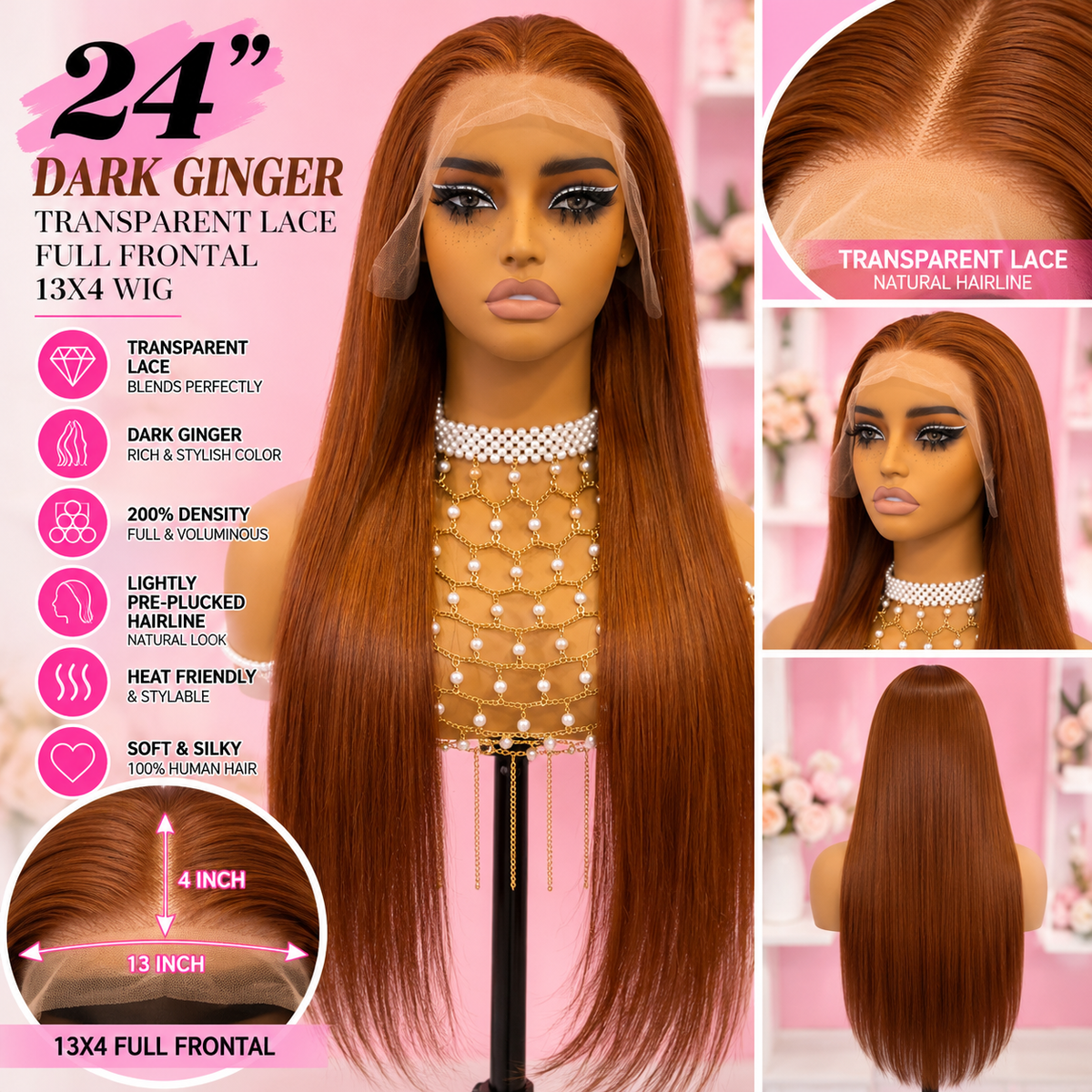 Toronto Diva Human Hair 24” Dark Ginger Straight 13x4 Transparent Lace Frontal Wig