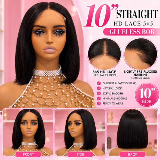 Toronto Diva Human Hair 10” Straight HD Lace 5x5 Glueless Bob Wig – Natural Black