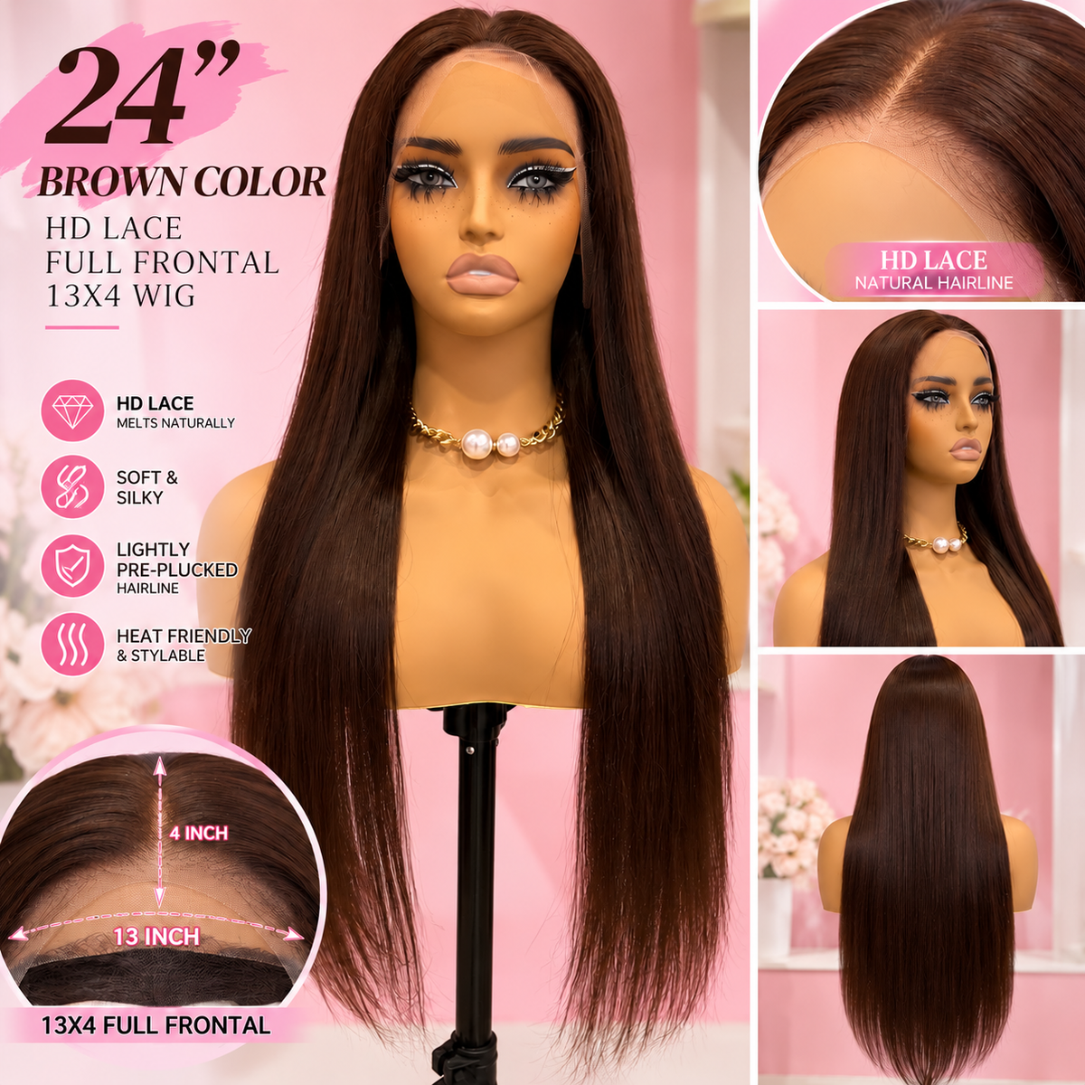 Toronto Diva Human Hair 24” Brown Straight HD Lace 13x4 Full Frontal Human Wig