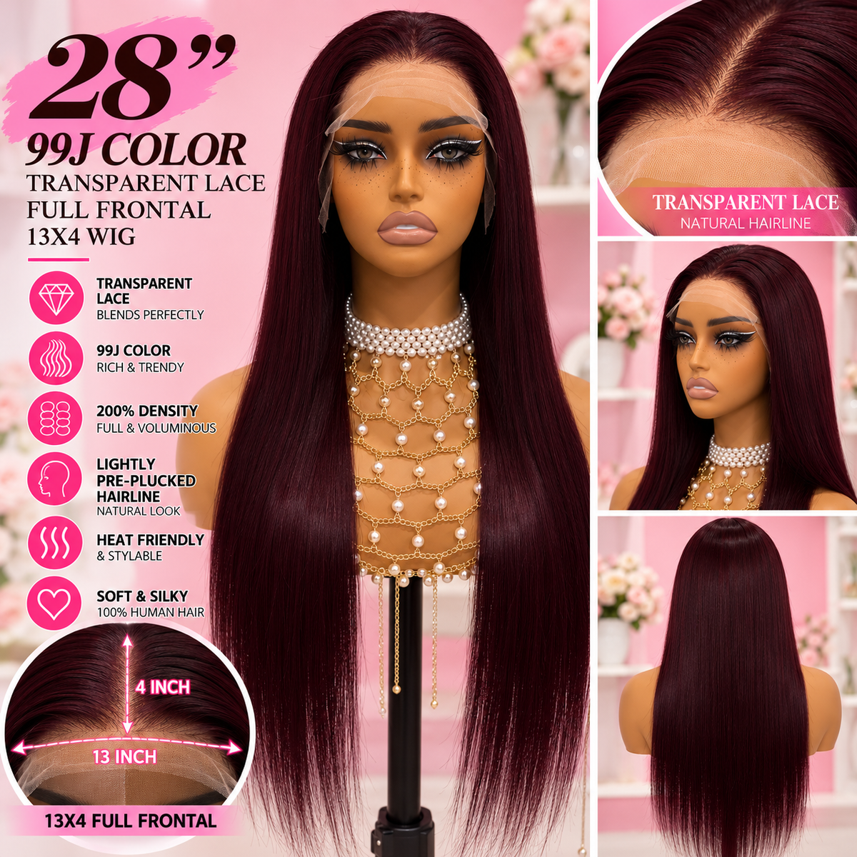 Toronto Diva Human Hair 99J Burgundy Straight 13x4 Transparent Lace Frontal Wig – 200% Density