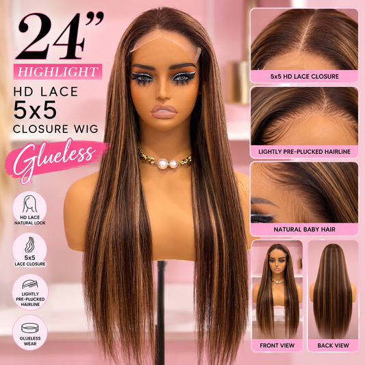 Toronto Diva Human Hair 24” Highlight Straight HD Lace 5x5 Closure Glueless Human Hair Wig