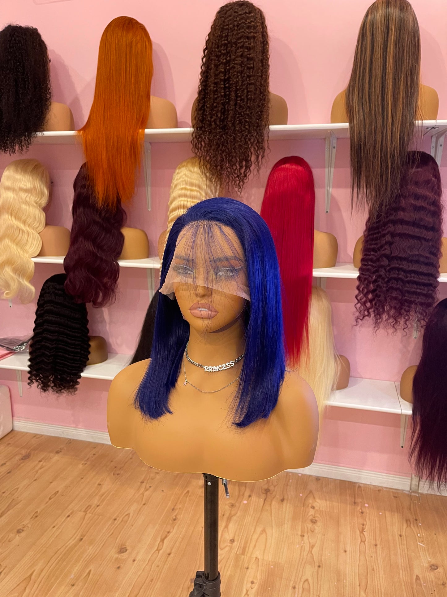 14inch blue color transparent lace full frontal bob human hair wig