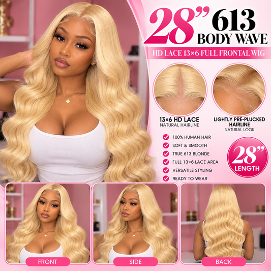 Toronto Diva Human Hair 28” 613 Blonde Body Wave HD Lace 13x6 Full Frontal Wig