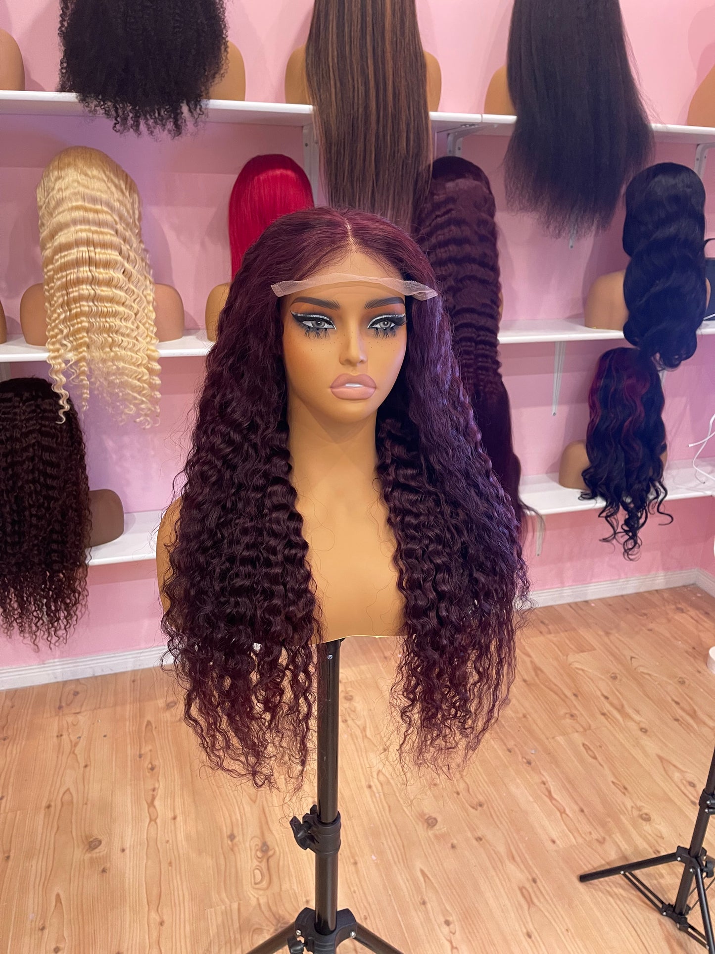 26inch burgundy curly 6x6 closure lace glueless wig