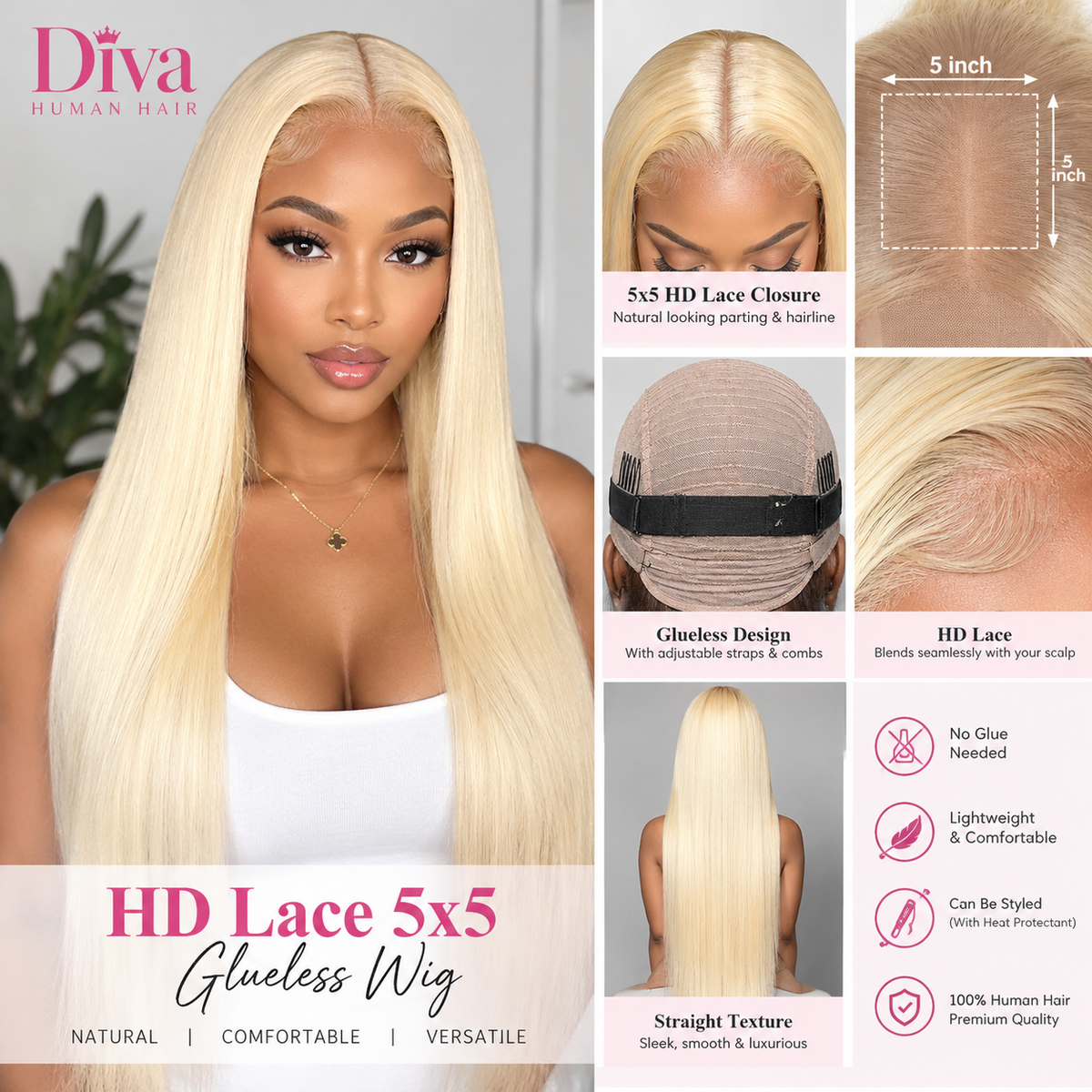 Toronto Diva Human Hair 613 Blonde Straight HD Lace 5x5 Closure Glueless Human Hair Wig