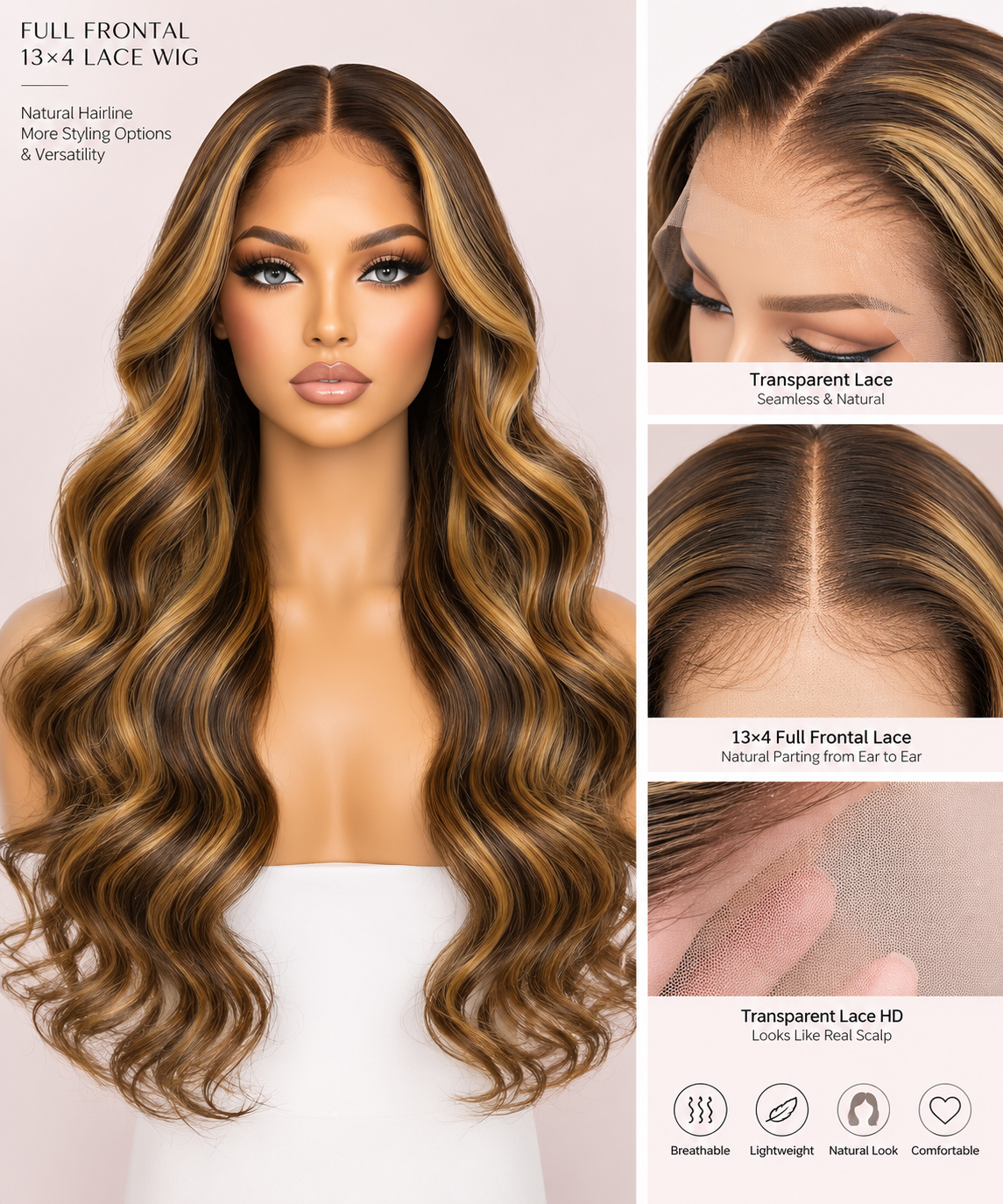 Toronto Diva Human Hair 24” Highlight #4/27 Body Wave 13x4 Transparent Lace Full Frontal Wig
