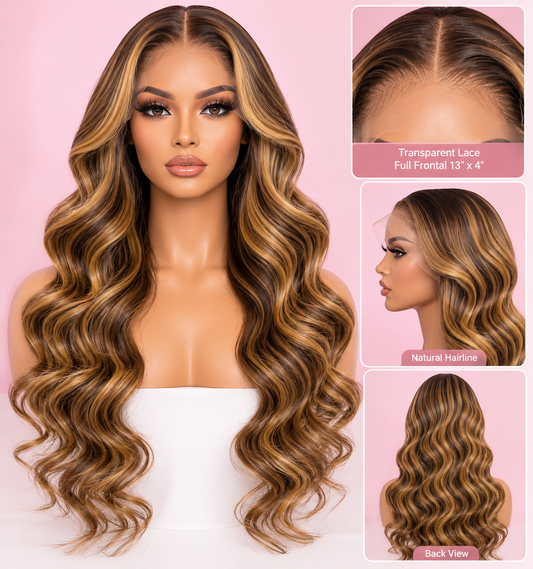 Toronto Diva Human Hair 24” Highlight #4/27 Body Wave 13x4 Transparent Lace Full Frontal Wig